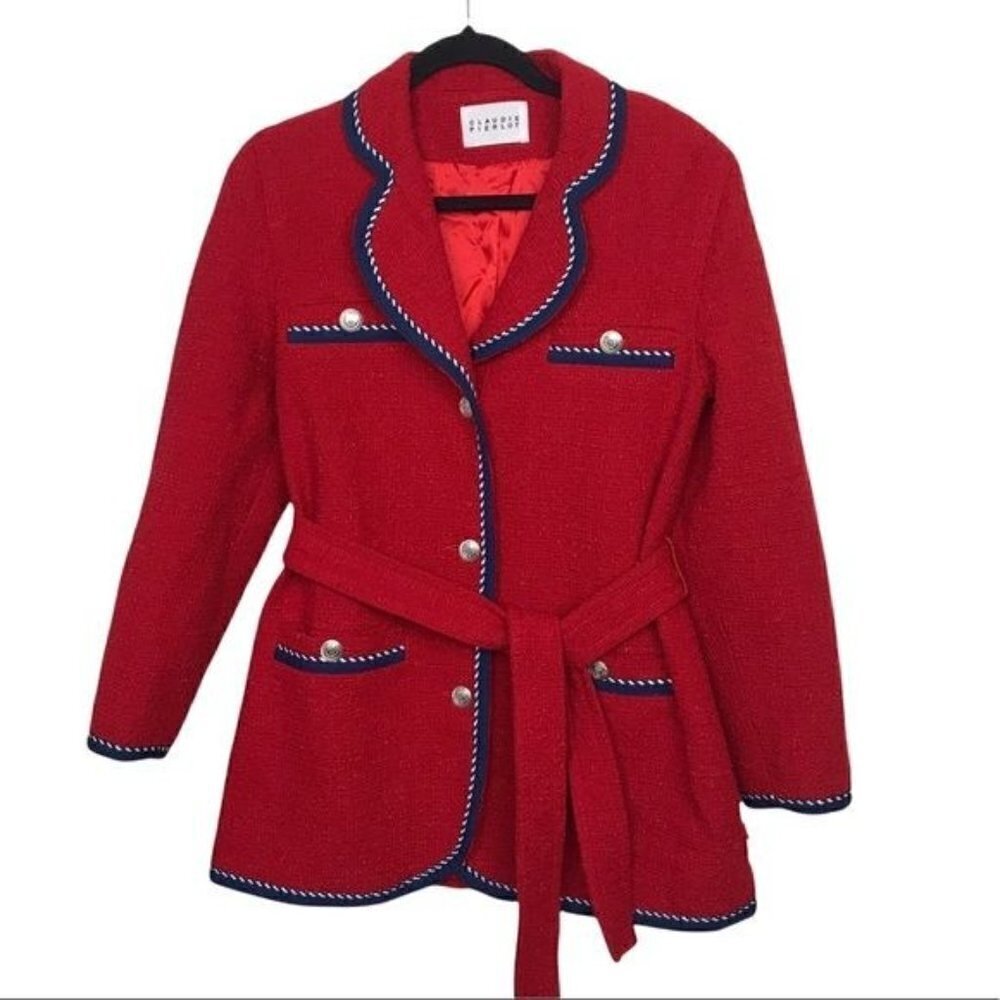 Claudie Pierlot Red Gamin Contrast Trim Tweed Coat Jacket Size 4 - Picture 2 of 15